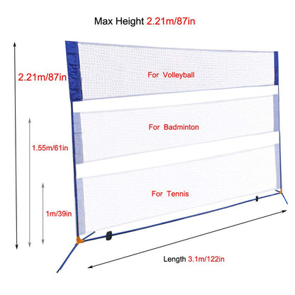 Portable Height Adjustable Badminton Volleyball Tennis Net Set Multi-Purpose Sports Equipment with Poles Stand and Carry Bag for Outdoor Garden Beach