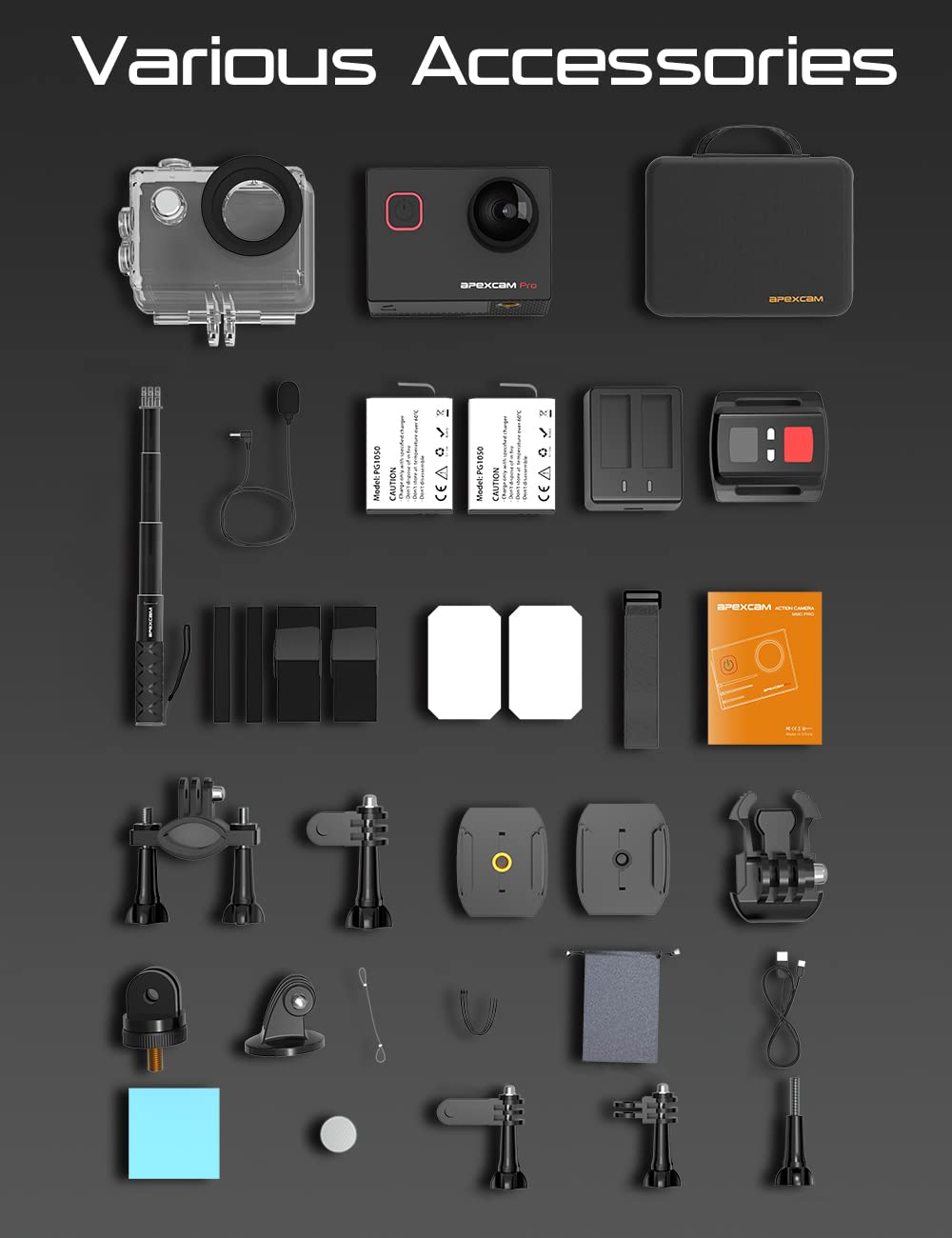 Apexcam 4K Action Camera - EIS Stabilization, 131FT Waterproof Underwater - WiFi Sport Helmet Camera (Selfie Stick, Remote Control, 2 Batteries & Accessory Kit)