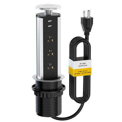 Kungfuking Pop Up Outlet Socket Recessed Retractable Power Strip Charging Station with 3 US Plug and 2 USB Ports for Kitchen Counter Island Conference Office, Black