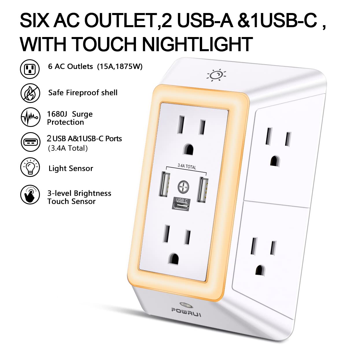 Multi Plug Outlet Surge Protector - POWRUI 6 Outlet Extender with 3 USB Ports (1 USB C) and Night Light, 3-Sided Power Strip with Adapter Spaced Outlets - White, ETL Listed
