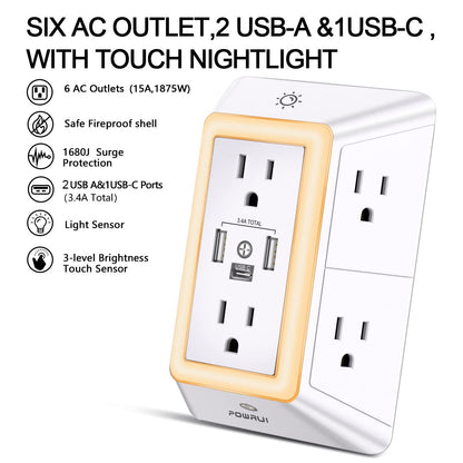 Multi Plug Outlet Surge Protector - POWRUI 6 Outlet Extender with 3 USB Ports (1 USB C) and Night Light, 3-Sided Power Strip with Adapter Spaced Outlets - White, ETL Listed