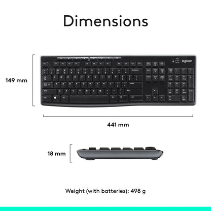 Logitech MK270 Wireless Keyboard and Mouse Combo for Windows, 2.4 GHz, 8 Multimedia Keys, PC, Laptop, Wireless Keyboard Compact Mouse Combo - Black