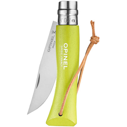 Opinel Colorama No.07 Folding Pocket Knife, Painted Wood Handles, Leather Lanyard (Anise)