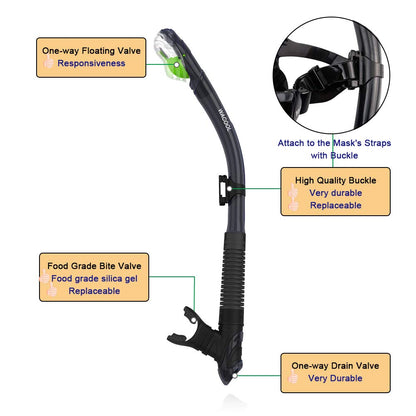 WACOOL Professional Snorkeling Snorkel Diving Scuba Package Set with Anti-Fog Coated Glass Purge Valve and Anti-Splash Silicon Mouth Piece for Men Women (Adults,Black)