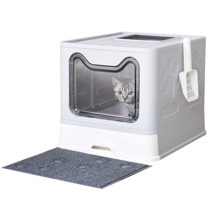 Medario Cat Litter Box with Litter Mat and Scoop, Large Foldable Litter Box with Lid, Front Entry Top Exit Kitty Box, Odor Control, Easy to Clean (Grey)