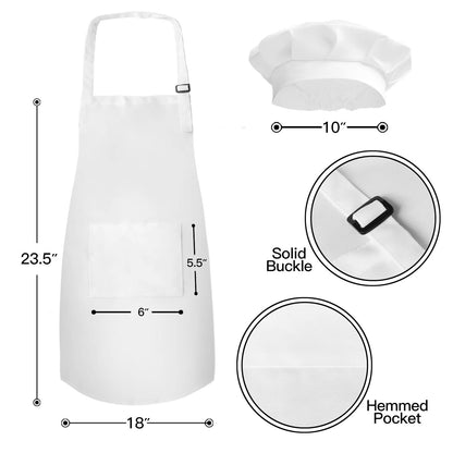 Novelty Place Kid's Apron with Chef Hat Set (3 Set) - Skin-friendly Children’s Bib with Pocket - Cooking, Baking, Painting, Training Wear - Kid's Size (6-12 Year, White)
