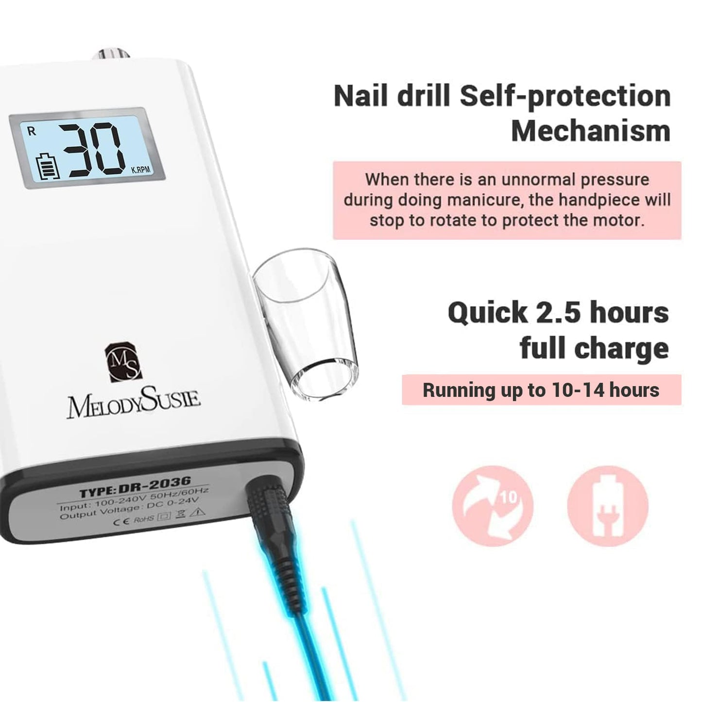 MelodySusie Professional Rechargeable 30000 rpm Nail Drill,SC320H Portable Electric E File Scamander, Acrylic Gel Grinder Tools with 6 Bits and Sanding Bands for Manicure Pedicure Carve Polish (White)