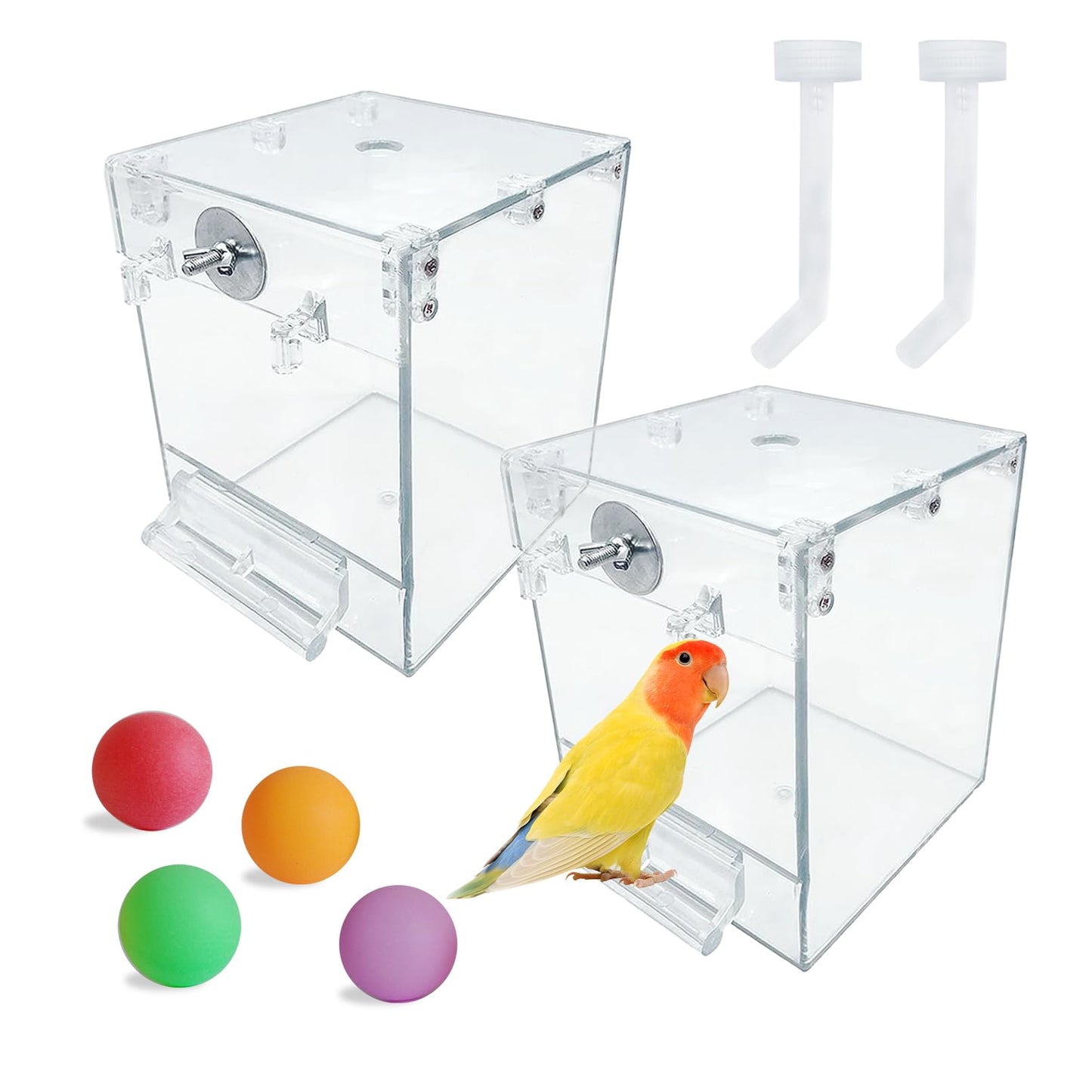 PINVNBY Bird Bath Box for Cage,Transparent Parakeet No-Leakage Bathtub Hanging Cube Tube Shower Box Cages Accessory with Water Injector and Balls Toys for Pet Birds Canary Parakeet Cockatoos (8 Pcs)