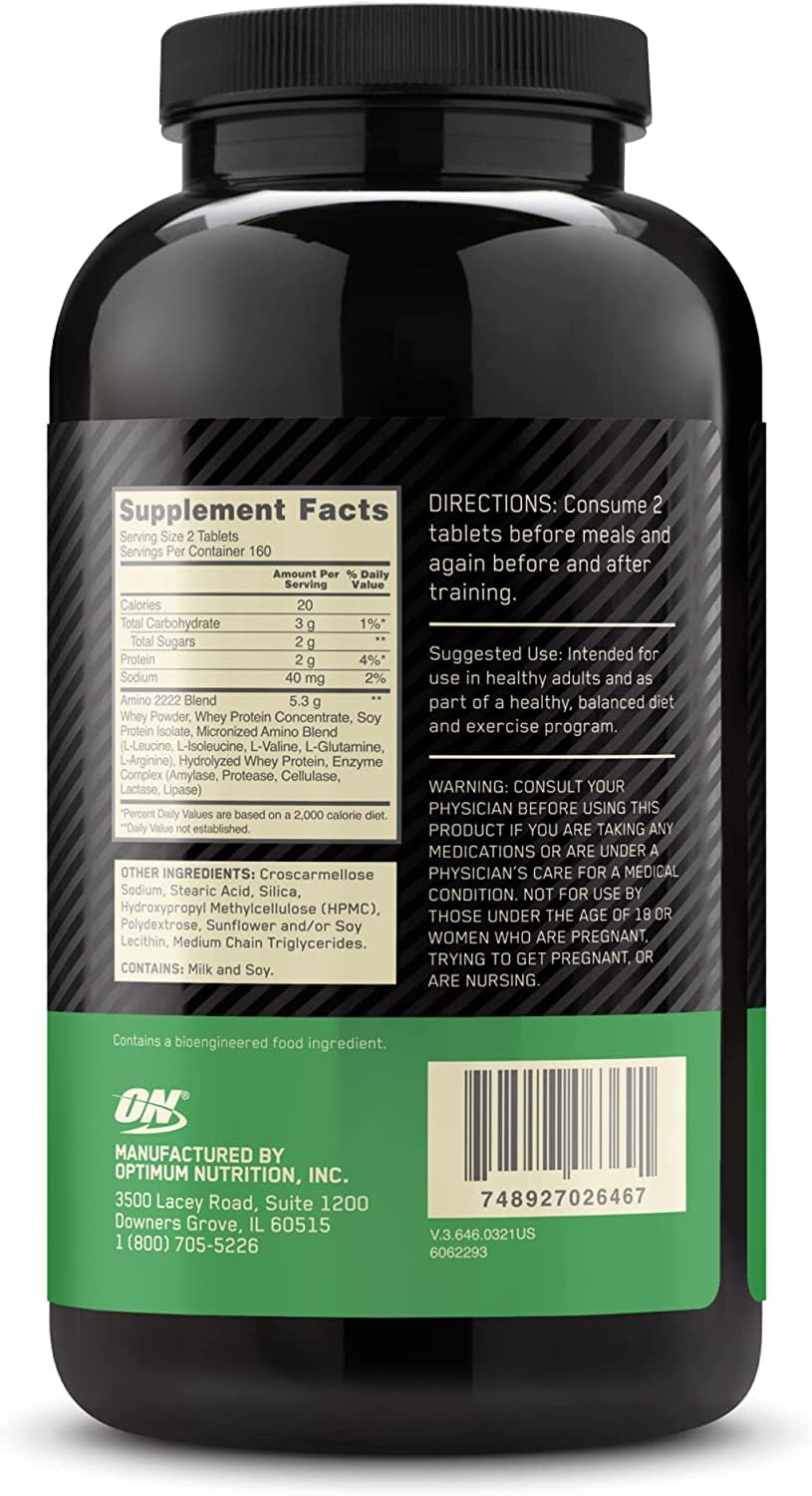 Optimum Nutrition Superior Amino 2222 Tablets, Complete Essential Amino Acids, EAAs, 320 Count