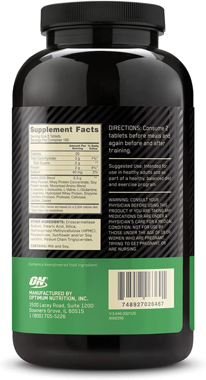 Optimum Nutrition Superior Amino 2222 Tablets, Complete Essential Amino Acids, EAAs, 320 Count