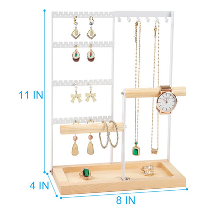 Jewelry Organizer Stand, Jewelry Holder, Lengnoy 4 Tier Earring Holder with 48 Holes and 6 Hooks Necklace Organizer Wood Box for Necklace Bracelet Earring Ring, White