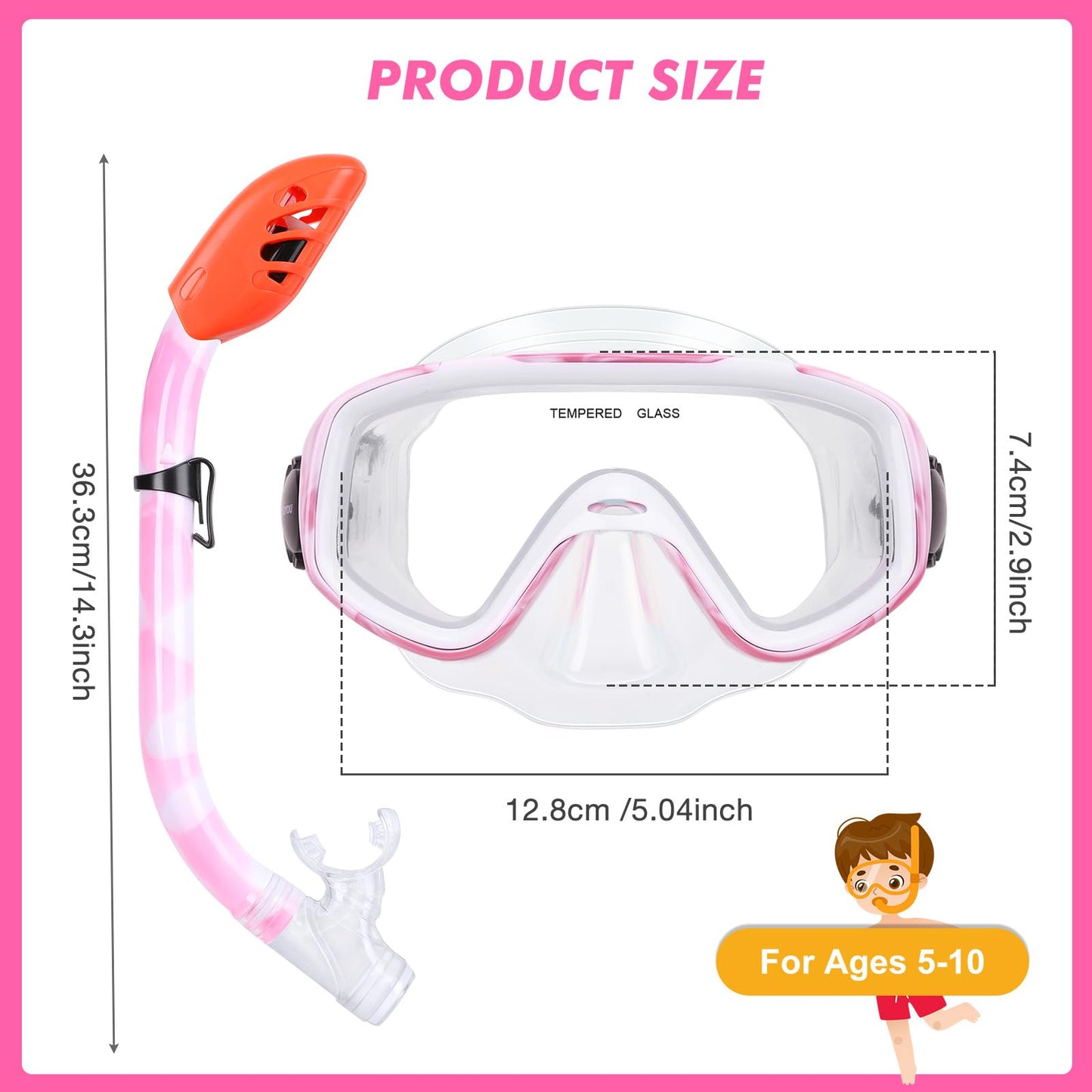 Kids Snorkel Set, Children Anti-Fog Diving Mask Swimming Goggles Full Dry Top Snorkel Equipment Snorkeling Packages Swimming Gear for Youth Boys Girls Age 5-10 (Pink White)