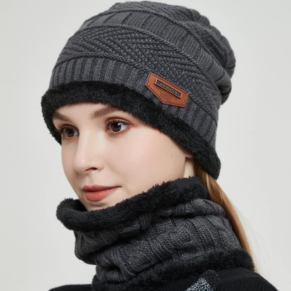 MAYLISACC 3 Pcs Mens Womens Winter Warm Fleece Beanie Hat with Touch Screen Gloves and Neck Warmer Gaiter Set Grey