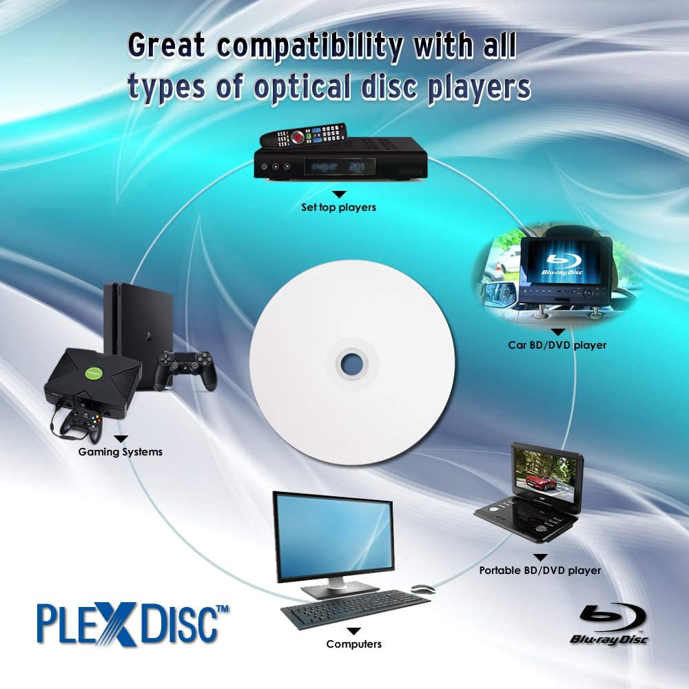 PLEXDISC 645-212 50 GB 6X Blu-ray Double Layer White Inkjet Recordable Disc BD-R DL, 10-Disc Spindle