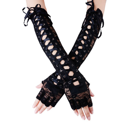 JISEN Women Nylon Elbow Lace-up Fashion Costume Gloves Black 14 inch