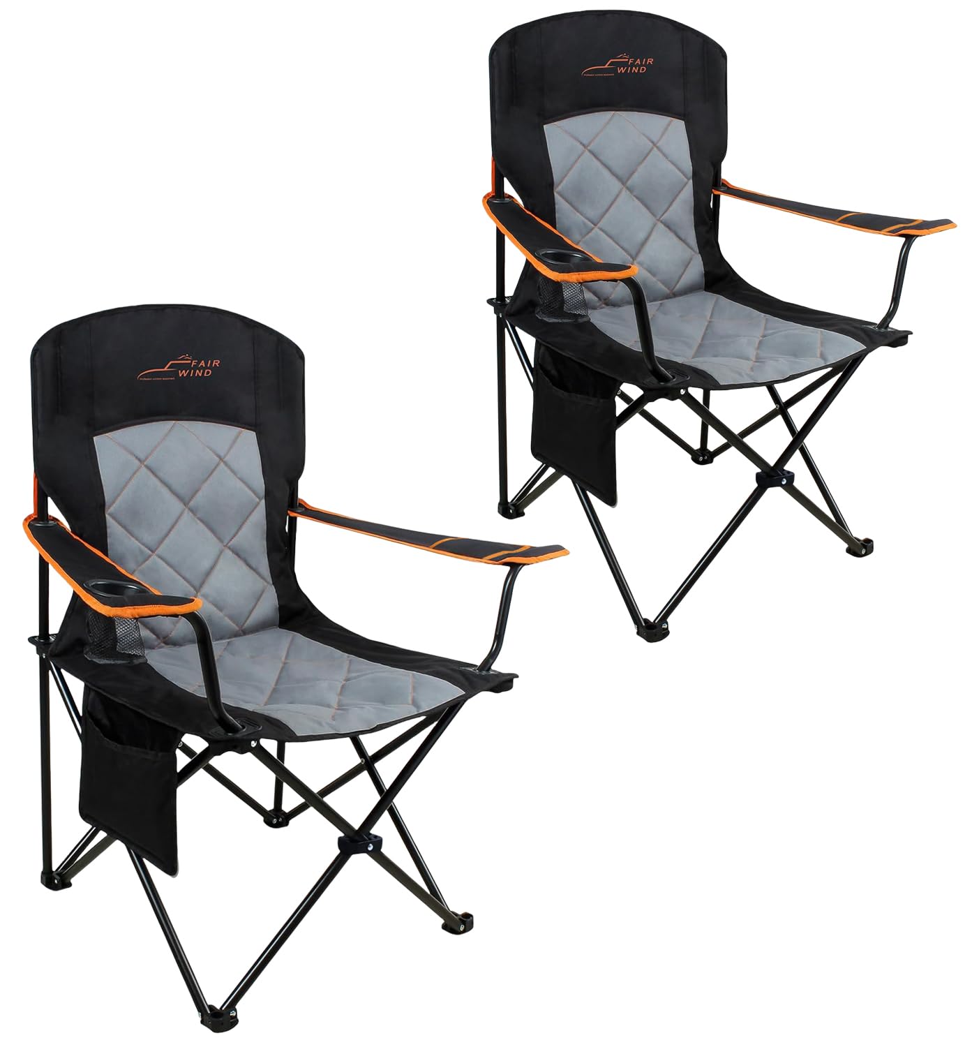 FAIR WIND 2 Pack Oversized Fully Padded Camping Chair Heavy Duty Quad Fold Arm Chair Support 350 LBS with Cup Holder, Collapsible Lumbar Back Chair Portable for Outdoor, Black