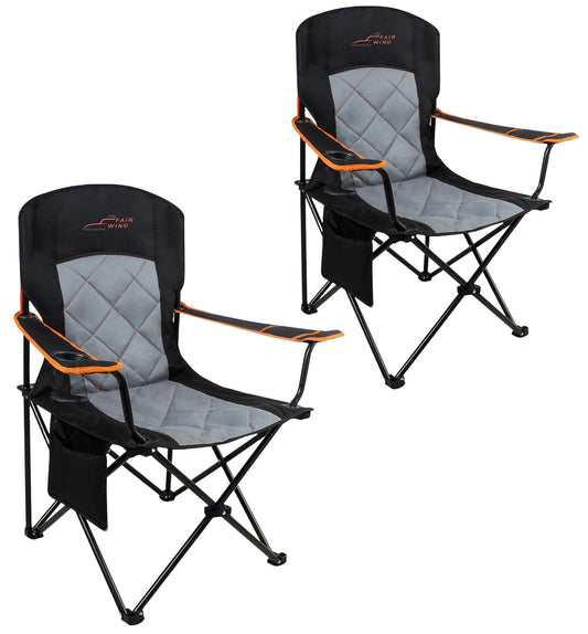 FAIR WIND 2 Pack Oversized Fully Padded Camping Chair Heavy Duty Quad Fold Arm Chair Support 350 LBS with Cup Holder, Collapsible Lumbar Back Chair Portable for Outdoor, Black