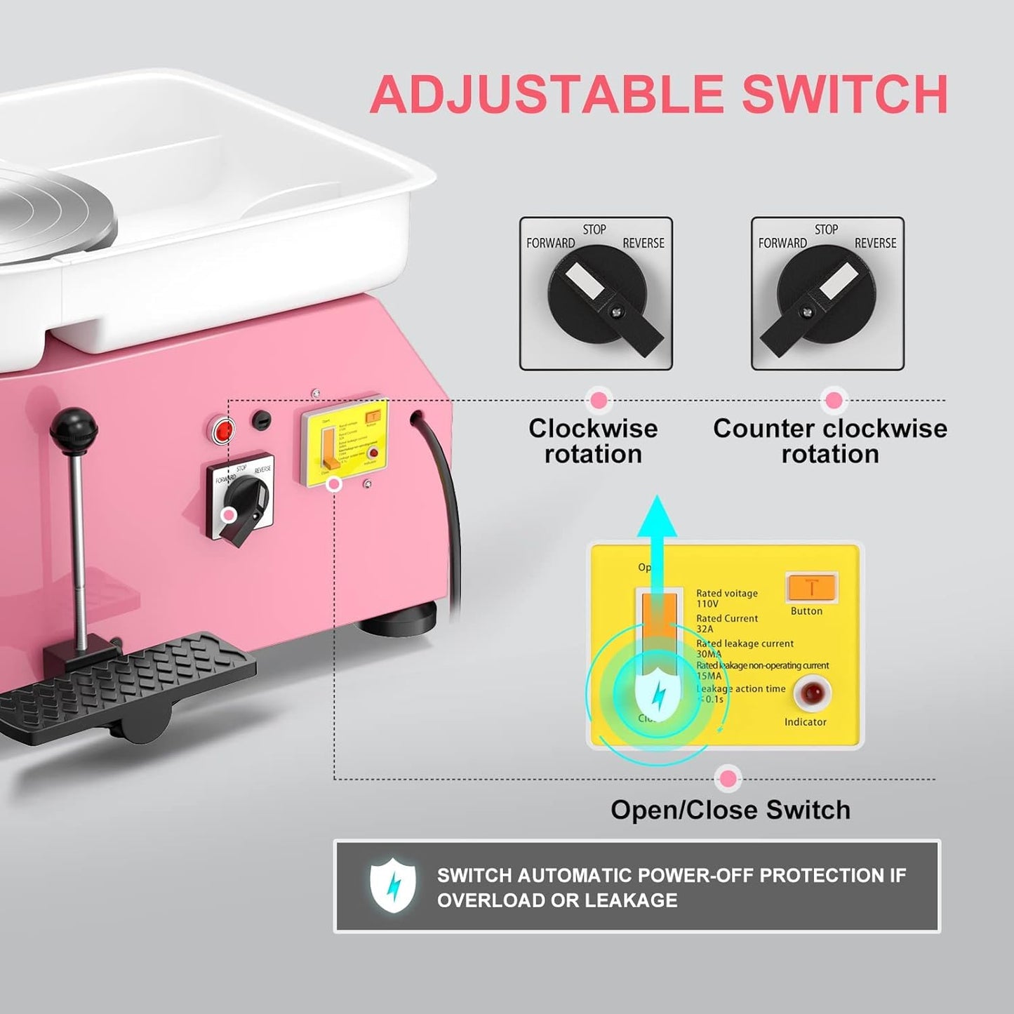 Pottery Wheel Pottery Forming Machine 25CM 350W Electric Pottery Wheel with Foot Pedal DIY Clay Tool Ceramic Machine Work Clay Art Craft (Pink)