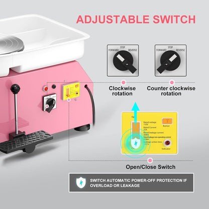 Pottery Wheel Pottery Forming Machine 25CM 350W Electric Pottery Wheel with Foot Pedal DIY Clay Tool Ceramic Machine Work Clay Art Craft (Pink)