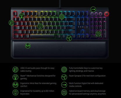 RAZER BlackWidow Elite: Esports Gaming Keyboard - Multi-Function Digital Dial with Dedicated Media Controls - Ergonomic Wrist Rest - RAZER Green Mechanical Switches (Tactile and Clicky) (Renewed)