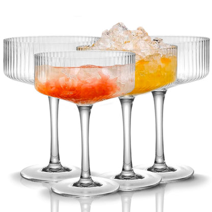Qipecedm 4 Pcs Ribbed Coupe Glasses, 10 oz Vintage Coupe Glass Set, Unique Martini Glass, Classic Cocktail Galssware, Bar Drinking Glasses Set Pefect for Cocktail, Wine, Champagne & Gift