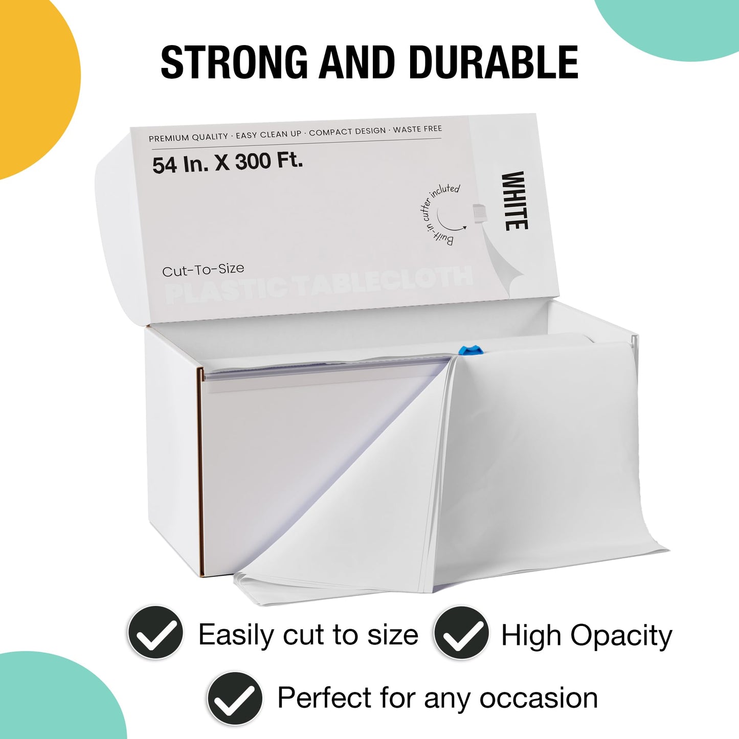 Exquisite Party Solids 54 Inch X 300 Feet White Plastic Table Cover Roll in A Cut - to - Size Box with Convenient Slide Cutter. Cuts Up to 36 Rectangle 8 Feet Plastic Disposable Tablecloths