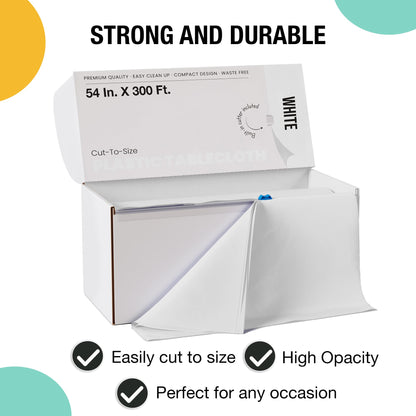 Exquisite Party Solids 54 Inch X 300 Feet White Plastic Table Cover Roll in A Cut - to - Size Box with Convenient Slide Cutter. Cuts Up to 36 Rectangle 8 Feet Plastic Disposable Tablecloths