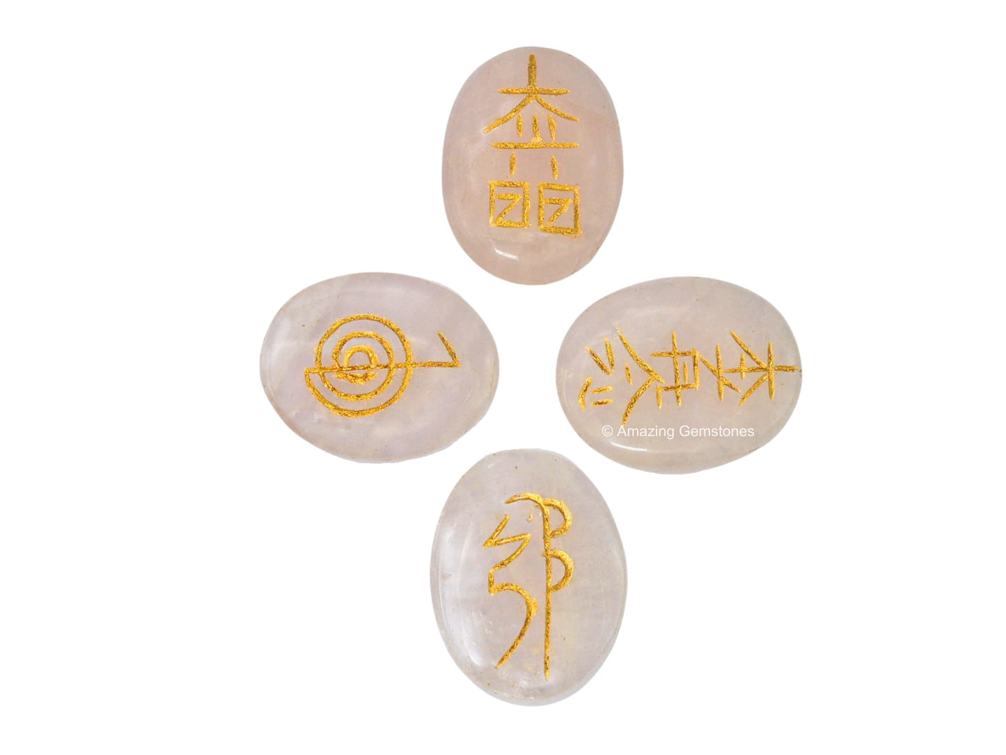 Amazing Gemstone Rose Quartz Crystal Reiki Stones with Engraved Symbols for Usui Reiki Healing, Set of 4 Pcs (Indian Handmade Reiki Gift Set)