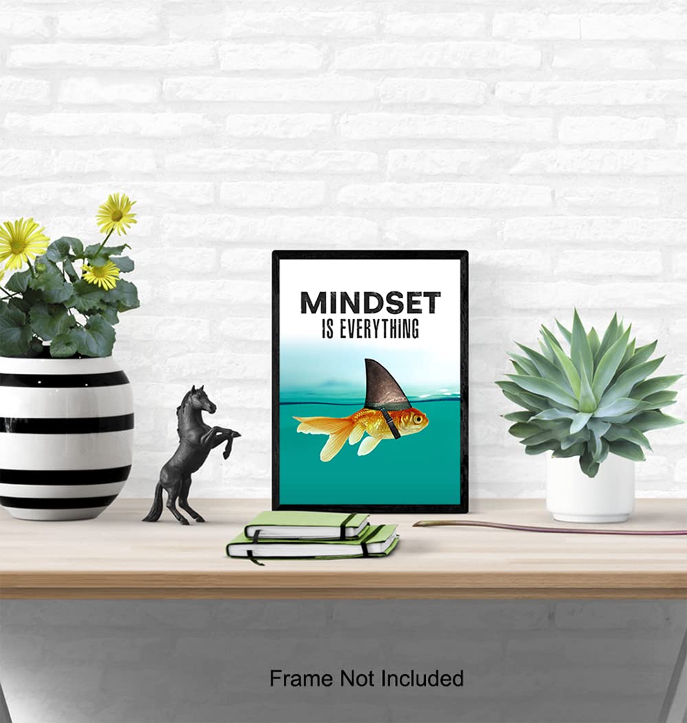 Mindset is Everything - Motivational Wall Art Poster for Home, Office - Gift for Entrepreneur, Student, Men, Teens - Inspirational Decor - Uplifting Self-Improvement Positive Quote - Shark Goldfish