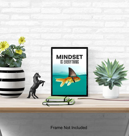 Mindset is Everything - Motivational Wall Art Poster for Home, Office - Gift for Entrepreneur, Student, Men, Teens - Inspirational Decor - Uplifting Self-Improvement Positive Quote - Shark Goldfish