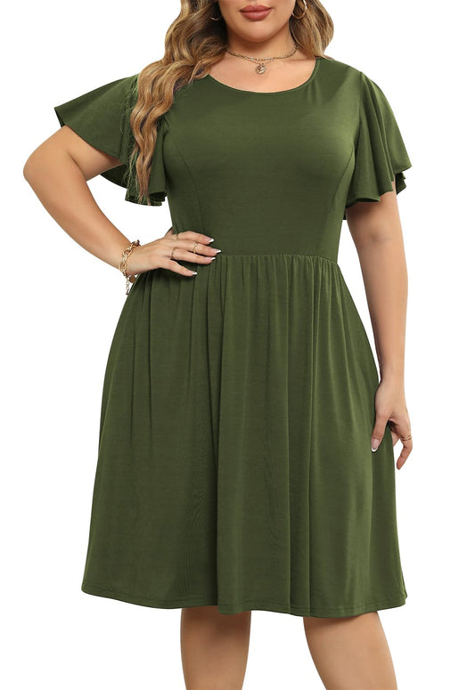 Nemidor Women's Plus Size Dress Vintage Party Midi Casual Summer Fit and Flare Dress with Pocket NEM212 (24, Army Green)