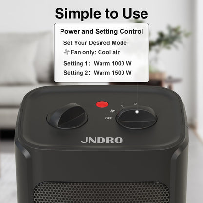 JNDRO Portable Electric Space Heater - 1500W/750W Quiet Ceramic mini Heater Fan with Thermostat, Heat Up 200 Square Feet for Room Office Desk Indoor Use
