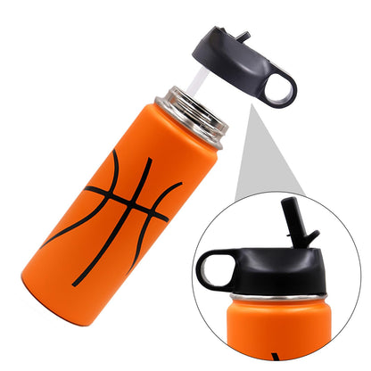18 oz Basketball Water Bottle, Metal Travel Tumbler Sports Flask with 2 Lids, Stainless Steel Double Wall Vacuum Leakproof Insulated Water Bottles, Basketball Accessories Gifts for Boys Girls Player