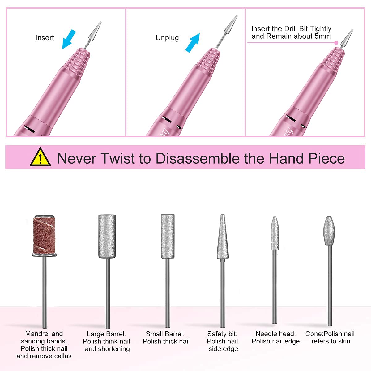 20000RPM Electric Nail Drill Professional Nail File Drill Acrylic Nails Kit for Manicure Gel Nail Polish Remover with 1 Pack of Sanding Bands(Pink)