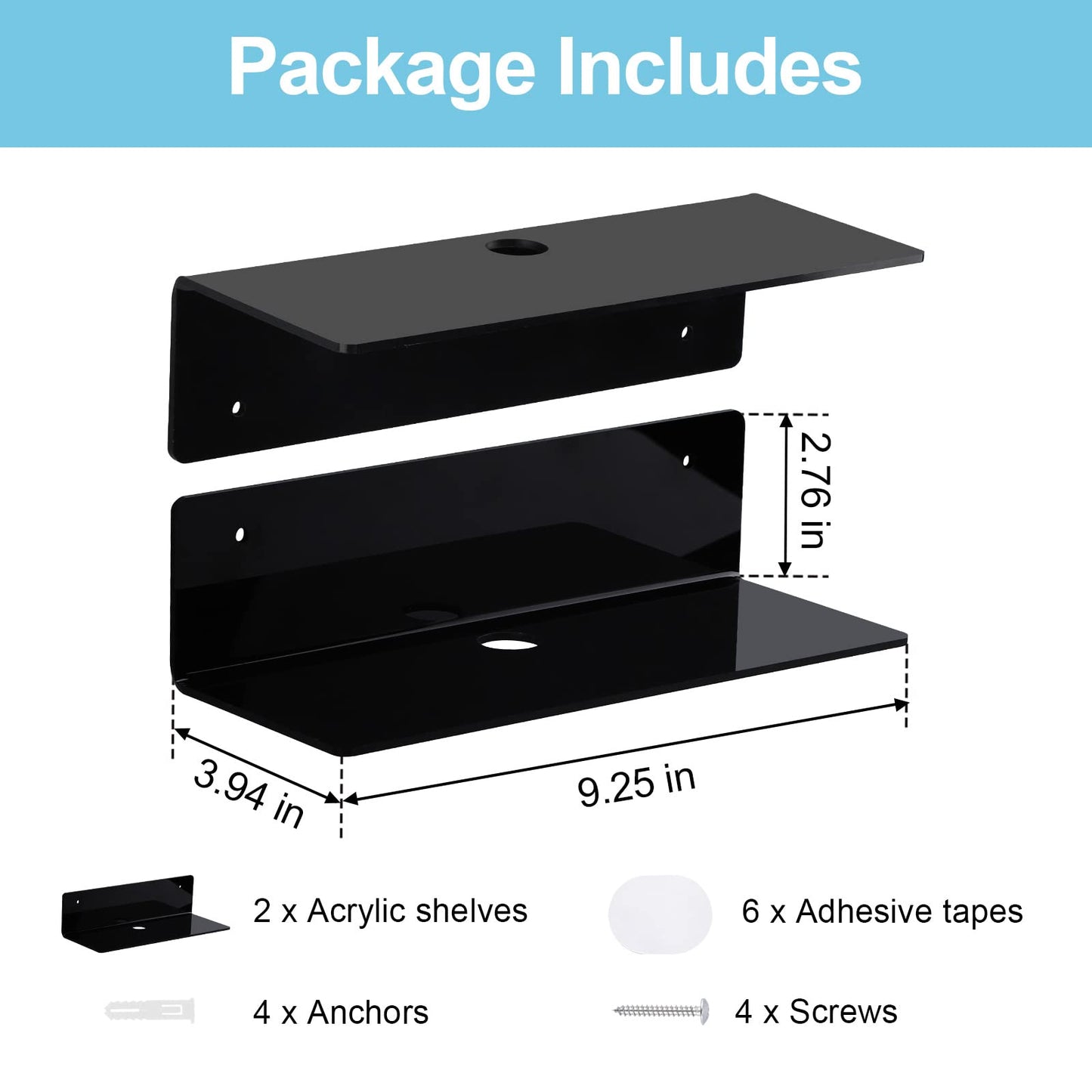 luium 9 Inch Acrylic Floating Shelf No Drill Adhesive Wall Shelf Set of 2 for Funko Pop Storage, Floating Shelves Damage-Free Expand Wall Space for Living Room, Bathroom, Gaming Room, Office - Black