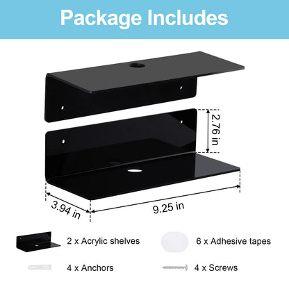 luium 9 Inch Acrylic Floating Shelf No Drill Adhesive Wall Shelf Set of 2 for Funko Pop Storage, Floating Shelves Damage-Free Expand Wall Space for Living Room, Bathroom, Gaming Room, Office - Black