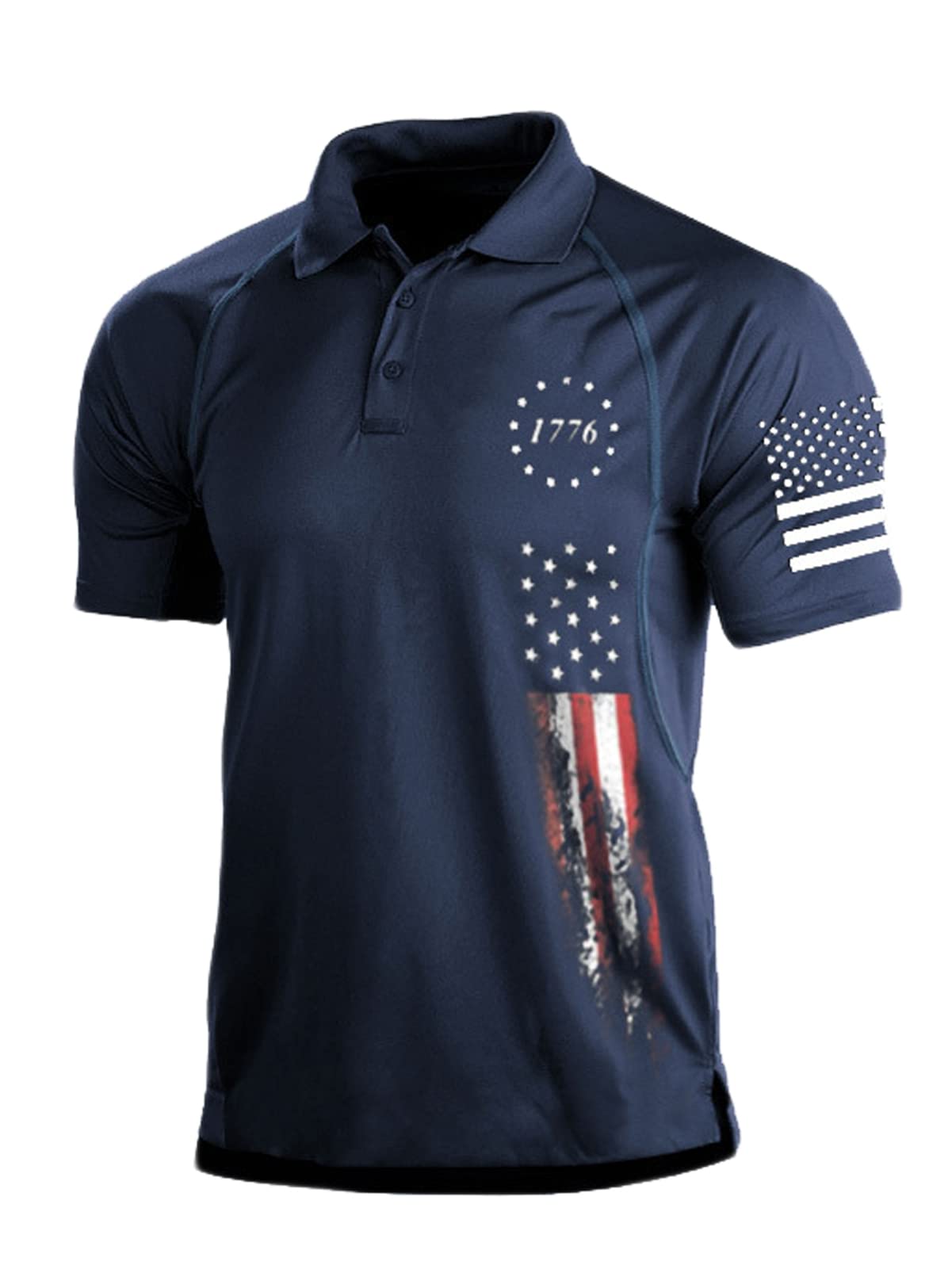 HARGLESMAN Men's Quick Dry Performance Short Sleeve Tactical Patriotic Polo T Shirt Tops Summer 1776 Printed Sports Casual Tees for Golf Tennis Paintball Activewear Navyblue L