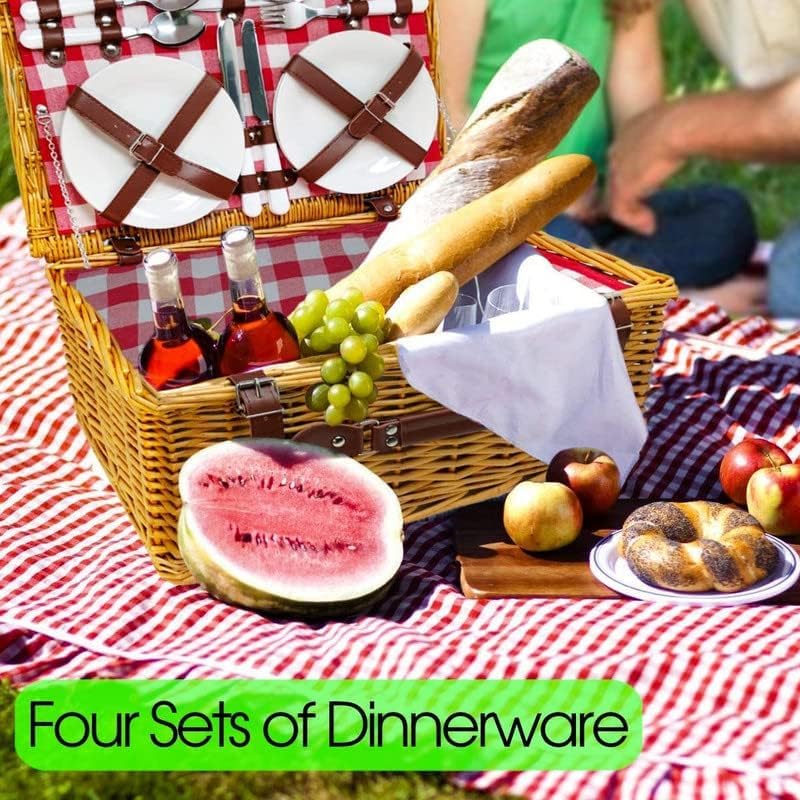 Nature Gear Picnic Basket, Wicker Basket with Handle for Outdoors, Insulated Woven Basket, Includes a Service Kit of Dinnerware & Wine Glasses, Picnic Basket Set for 4 with Blanket, Red & White