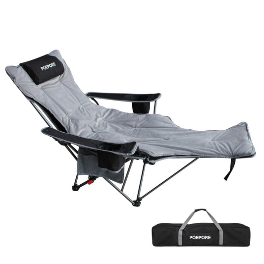 POEPORE Reclining Camping Chair with Removable Footrest Lounge Chair with Headrest, Cotton Cushion, Portable Adjustable Folding Chairs for Adults Black