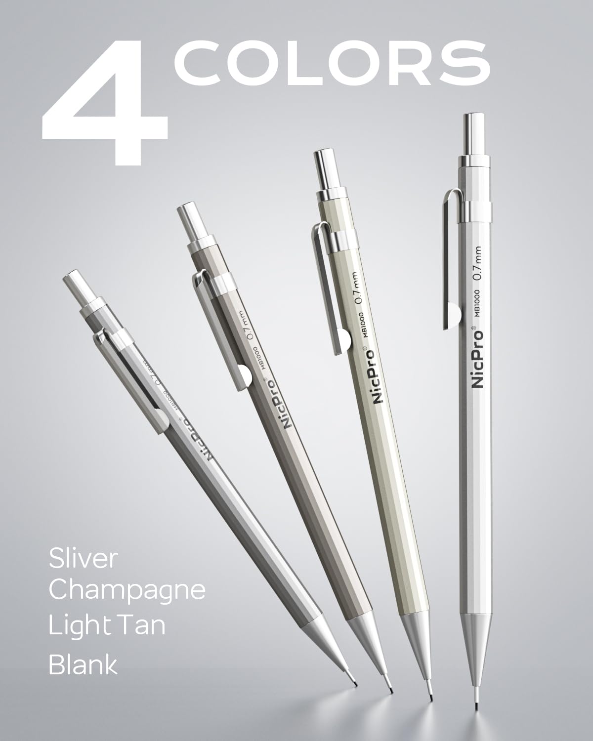 Nicpro 4 Pack Mechanical Pencil 0.7mm with Case, MB1000 Metal Mechanical Pencil Set with 6 Tube HB #2 Lead Refill 0.7 mm, 3PCS 4B Eraser, 9 Cap Eraser for Artist Drafting Writing, Sketching, Drawing