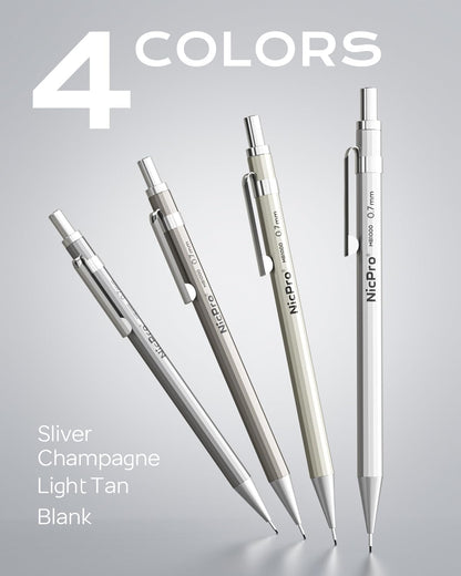 Nicpro 4 Pack Mechanical Pencil 0.7mm with Case, MB1000 Metal Mechanical Pencil Set with 6 Tube HB #2 Lead Refill 0.7 mm, 3PCS 4B Eraser, 9 Cap Eraser for Artist Drafting Writing, Sketching, Drawing