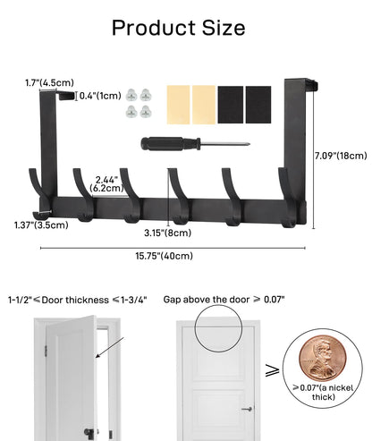 Optish Over The Door Hooks, Door Hanger Hooks for Hanging, Over The Doors Towel Racks for Bathroom with 12 Coat Hook, Coat Rack Dorm Essentials Bathroom Accessories（1 Pack, Black）
