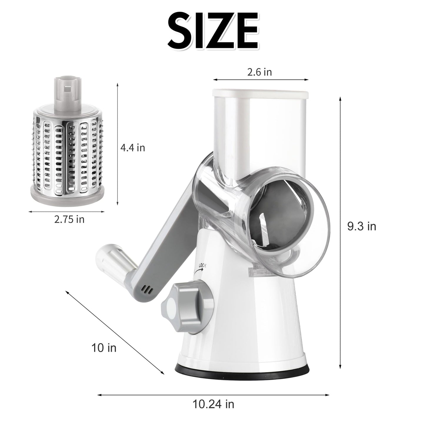 Ourokhome Rotary Cheese Grater Hand Crank, Kitchen Shredder Speed Mandolin Slicer Ice Shaver with Handle and Drum Blades for Cheese, Vegetable, Nuts, Chocolate, Potato, Carrot, 5 Blades, White