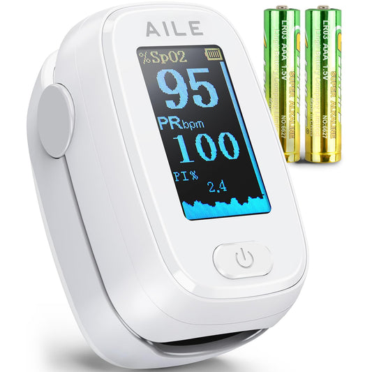 Pulse Oximeter with Fingertip Oxygen Meter : AILE Compact Fingertip Pulse Oximeter - Blood Oxygen/Heart Rate Monitor - 4 Color Screen Display - Including 2AAA Batteries for Athletic & Home (White)