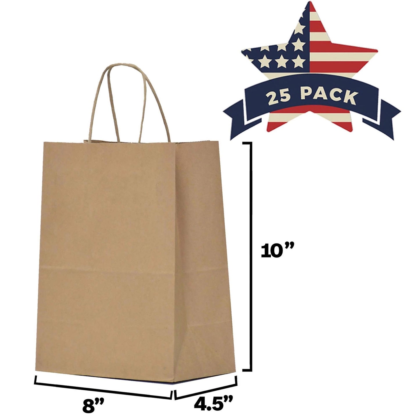 Qutuus Kraft Paper Gift Bags with Handles 8x4.5x10 25Pcs Brown Gift Bags Bulk Medium Size Small Business Bags, Party Bags, Retail Kraft Shopping Bags