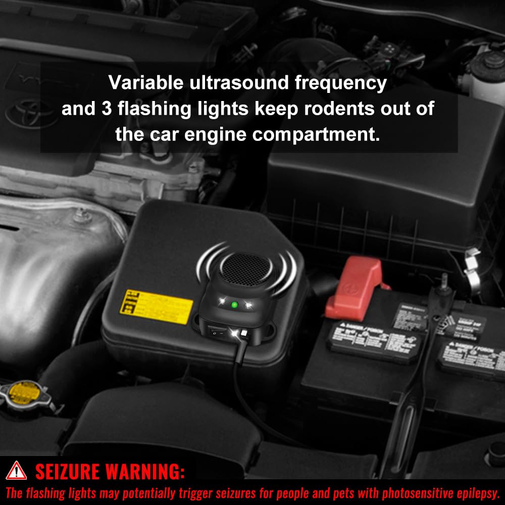 Loraffe Under Hood Rodent Repellent for Car Engines, 12V 24V Ultrasonic Mouse Deterrent with LED Strobe Lights – Mice and Rat Repeller for Truck, RV, Vehicle Engine Protection, Pack of 2