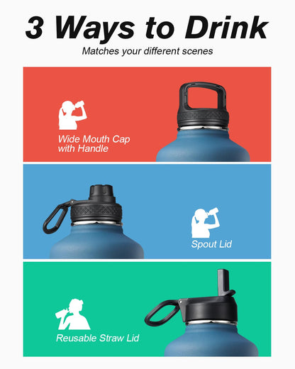 Half Gallon Water Bottle Insulated with Straw & 3 Lids, Coolflask 64 oz Water Jug Large Metal Stainless Steel Wide Mouth for Sports, Gym or Office, Non-BPA Keep Cold 48H Hot 24H, Samurai Cyan
