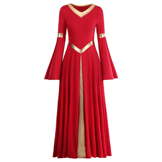 Metallic V Neck Women Adult Full Length Bell Long Sleeves Loose Fit Liturgical Praise Dance Dress Swing Casual Ballet Dance Costume Birthday Party Outfit Maxi Gowns Ballet Praisewear Red+Gold XS