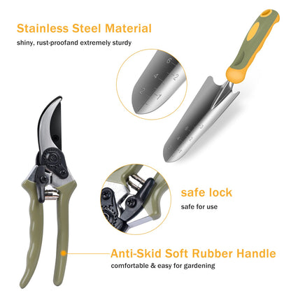 Garden Tool Set, WisaKey 9 Piece Stainless Steel Heavy Duty Gardening Hand Tools with Handle, Durable Garden Tool Bag, Gardening Gifts for Women and Men White Elephant Gifts