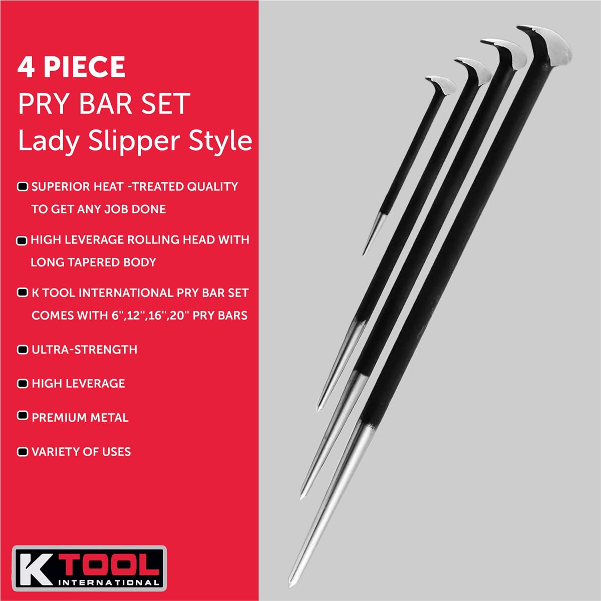K Tool International 71600 4 Piece Pry Bar Set for Garages, Repair Shops, and DIY, Lady Slipper Style, Heavy Duty Heat Treated Steel, Rolling Head, Organizing Case, Includes Sizes 6", 12", 16", 20"